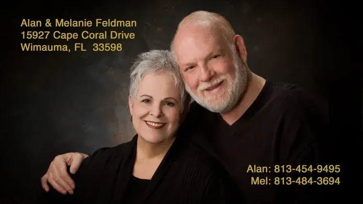 Portrait of two smiling people in black on a dark background with contact text for Alan & Melanie Feldman