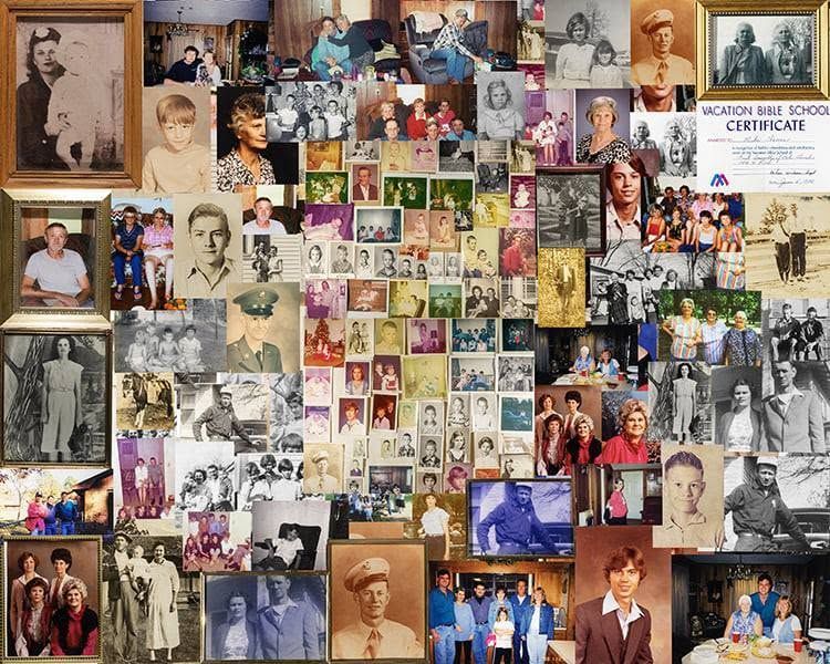 Collage of vintage family photos, portraits, and newspaper clippings arranged in a dense memorial-style display