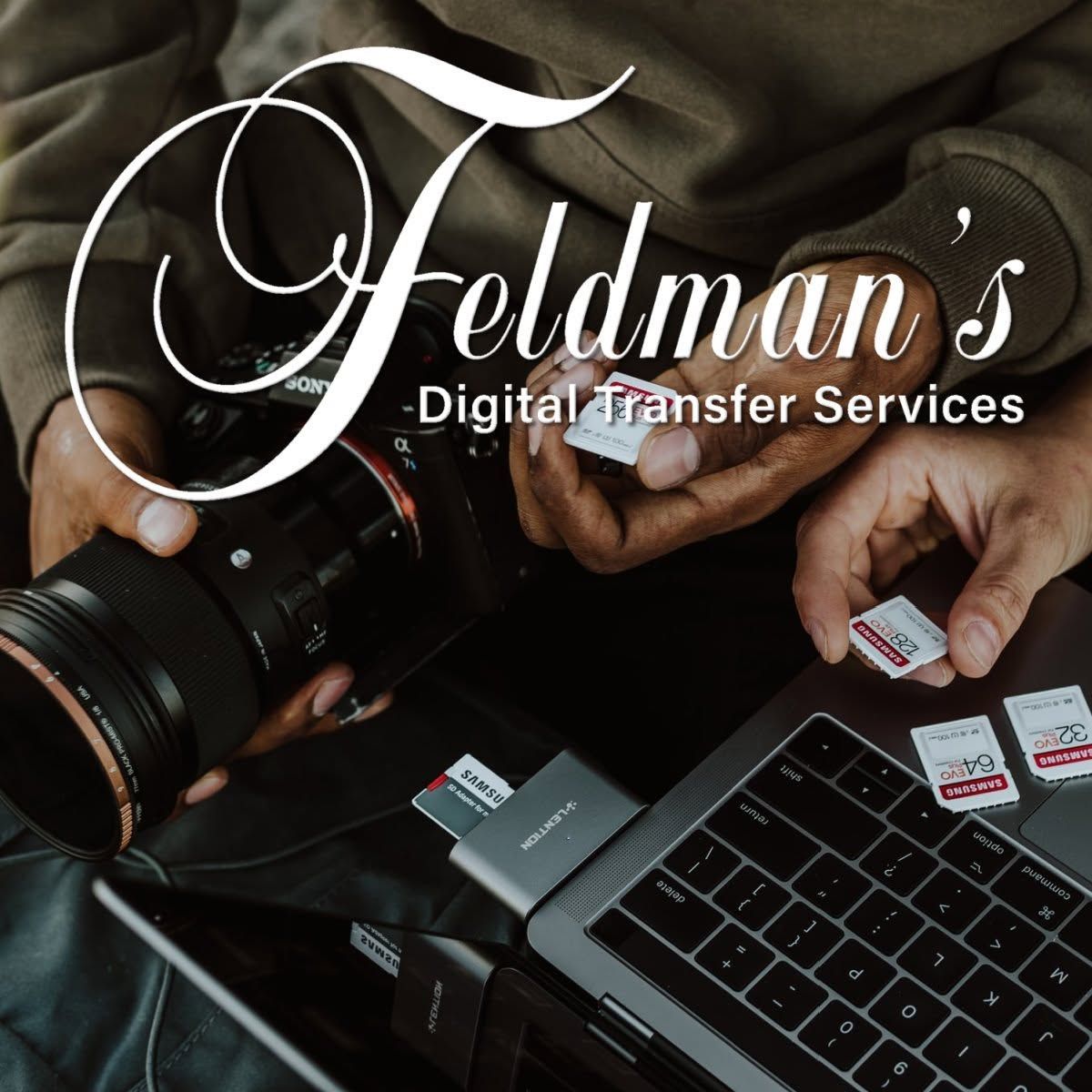 Camera and laptop with memory cards, overlaid with “Feldman’s Digital Transfer Services” branding