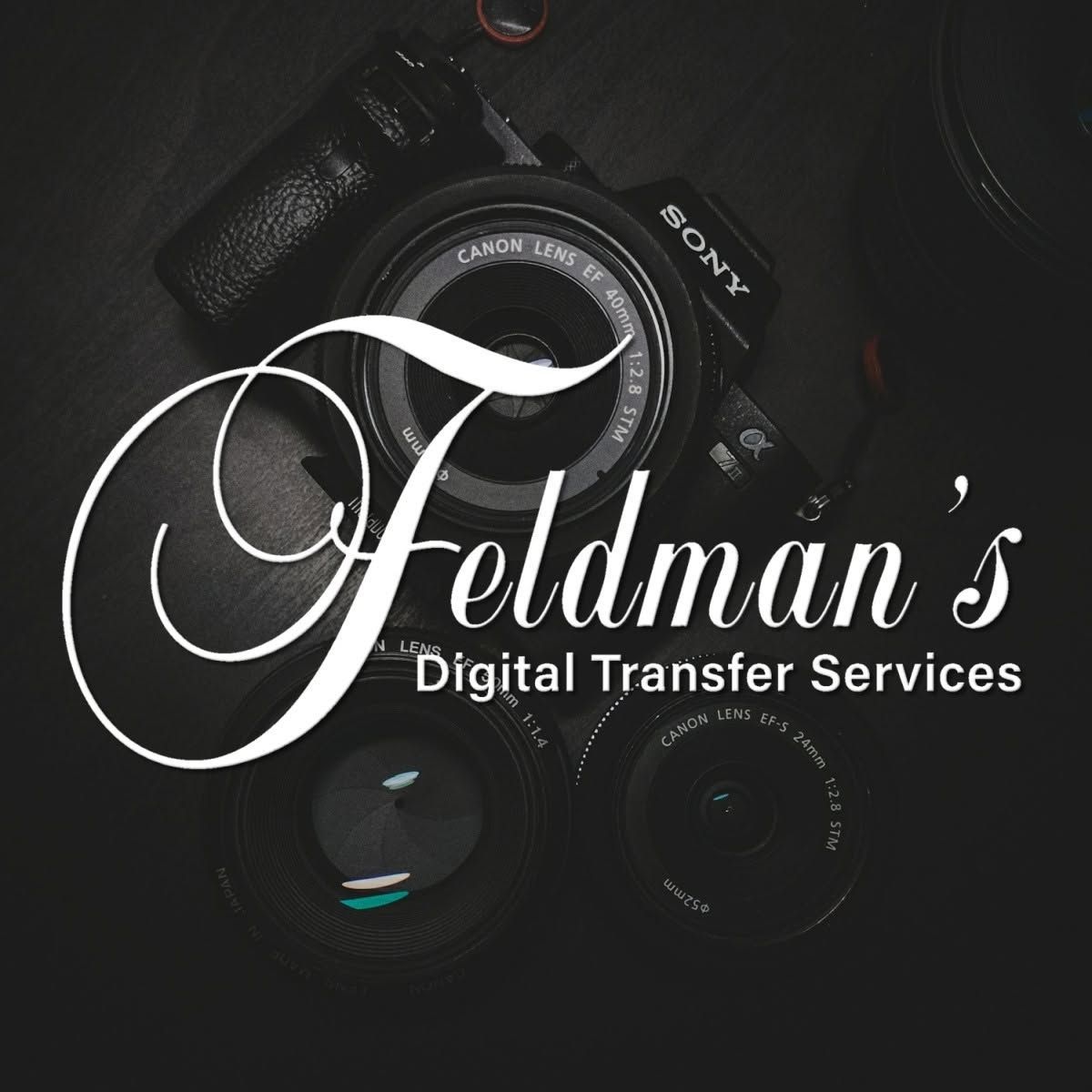 Feldman’s Digital Transfer Services logo over a dark background with a camera and lenses