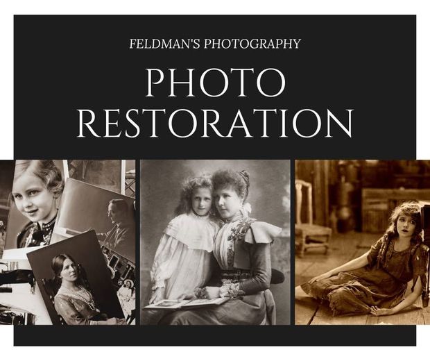 Feldman’s Photography photo restoration ad with vintage black-and-white portraits and sepia family photos
