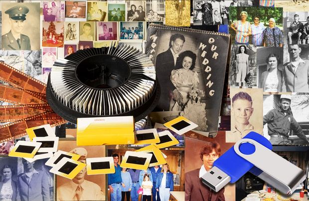 Black slide viewer with scattered photos and USB flash drives on a collage background