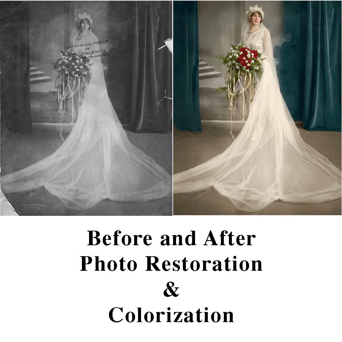 Before-and-after photo restoration and colorization of a bride holding flowers and a long veil