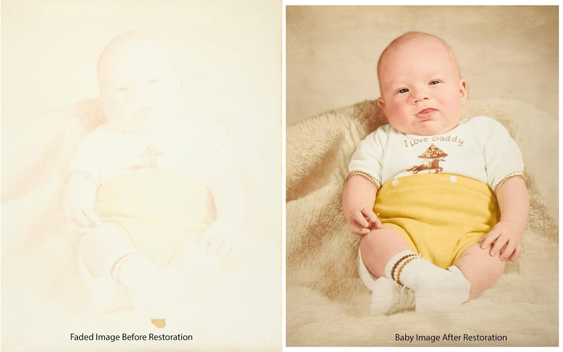 Side-by-side baby portrait: faded sketch on left, color photo of infant in yellow pants on right