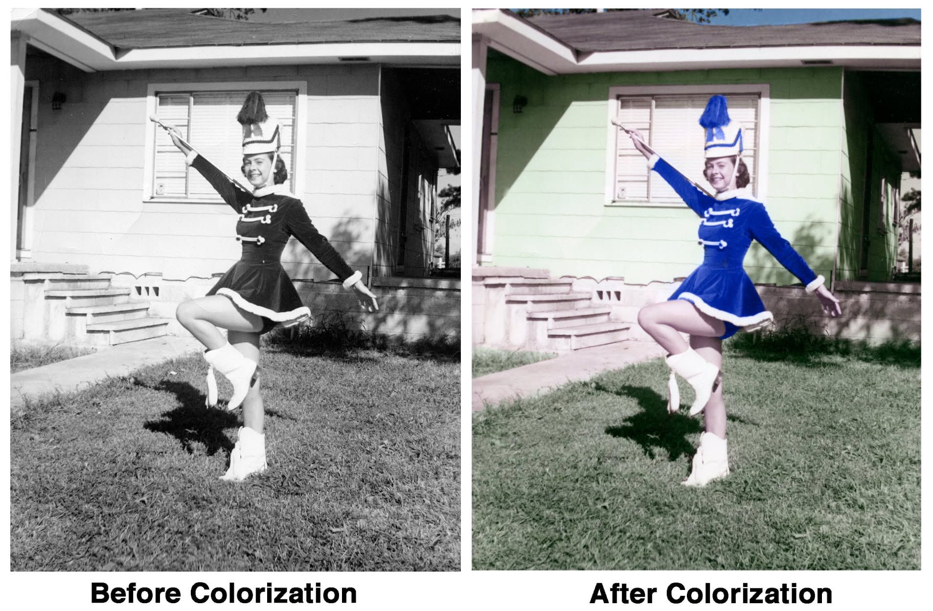 Side-by-side photo of a person outdoors before and after colorization, showing added blue clothing and natural colors