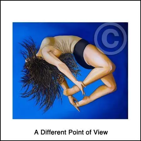 Person curled in a contorted pose on a bright blue background, with the caption “A Different Point of View”