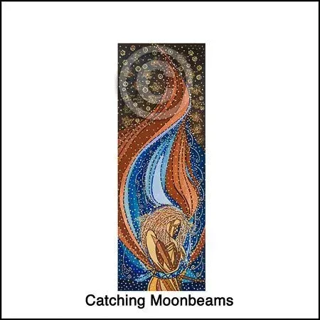 Abstract moonlit figure with flowing blue and orange forms reaching toward a glowing moon, titled “Catching Moonbeams”