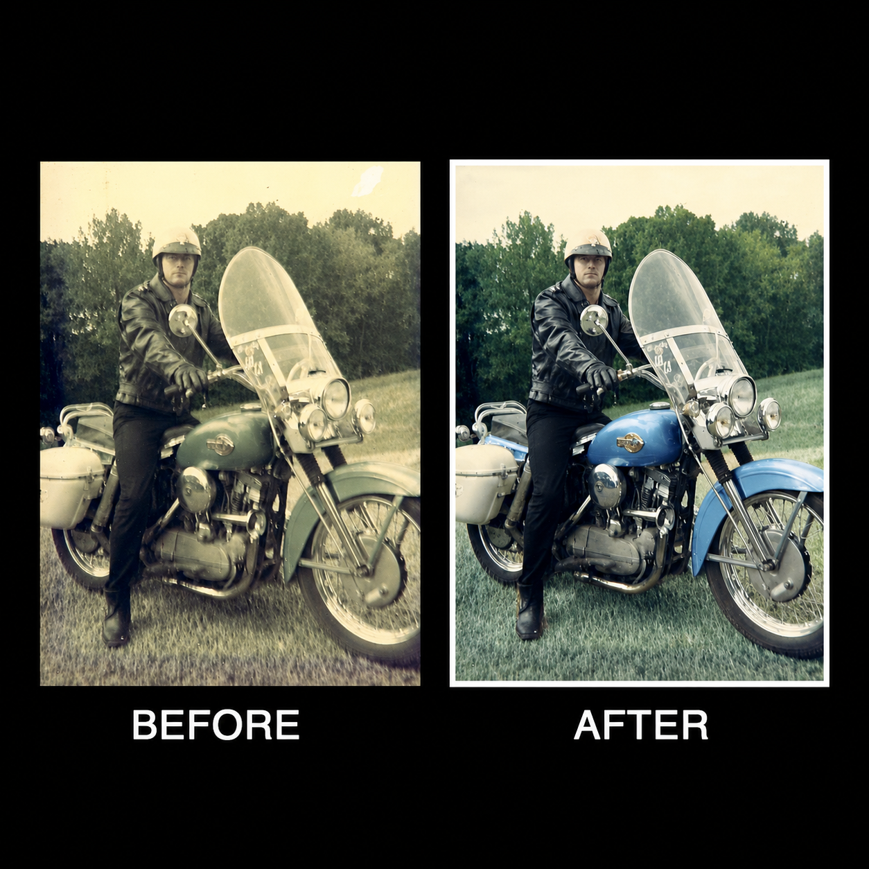 Side-by-side before-and-after of a motorcyclist on a blue motorcycle, with a sepia filter on the left.