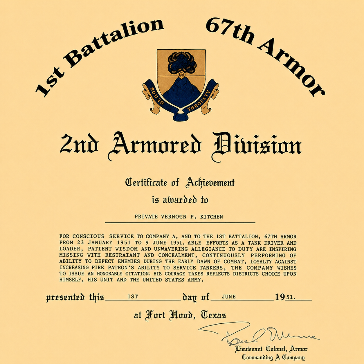 Certificate honoring 1st Battalion, 67th Armor, 2nd Armored Division, with military insignia and text