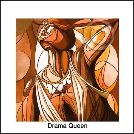 Abstract brown and orange artwork of a dramatic figure, captioned “Drama Queen”