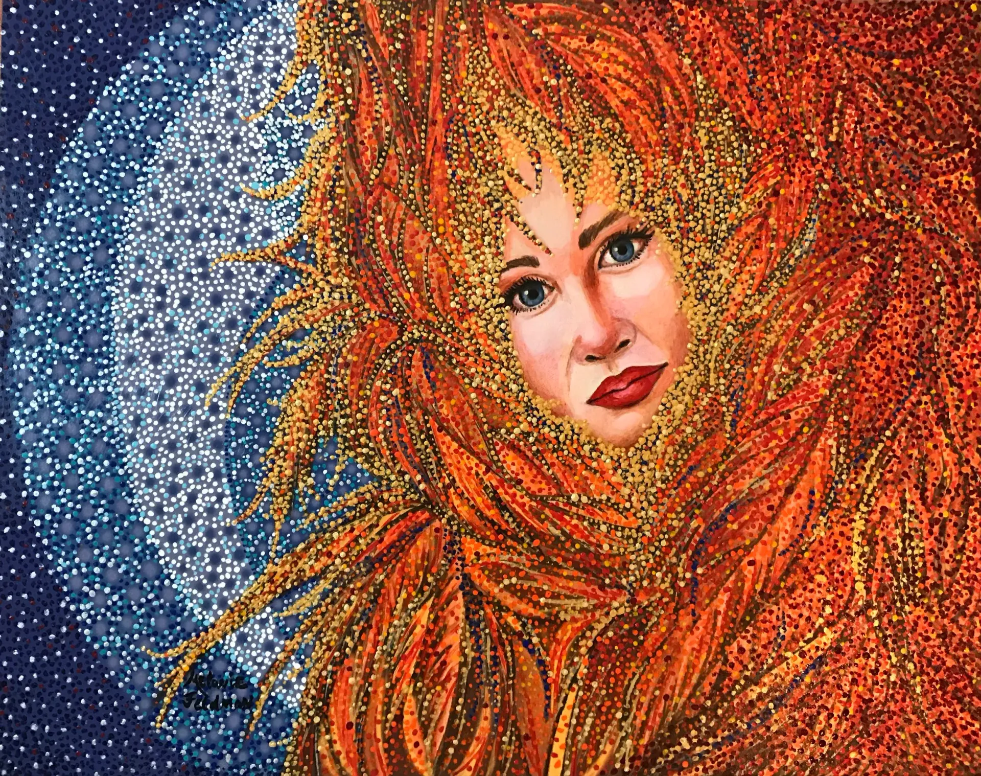 Abstract portrait of a face amid swirling red-orange shapes against a blue, starry background