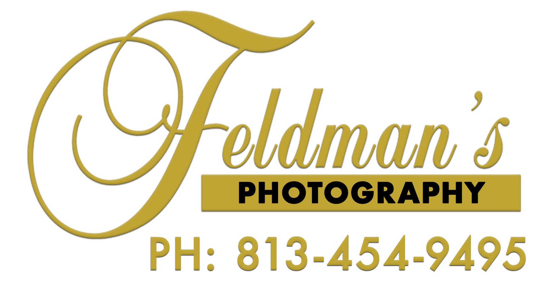 Feldman’s Photography logo in gold script with PH: 813-454-9495
