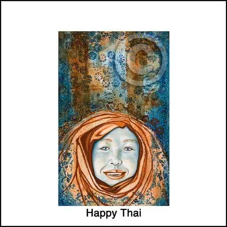 Abstract portrait of a smiling face in orange hood, with blue and brown patterned background; text: “Happy Thai”