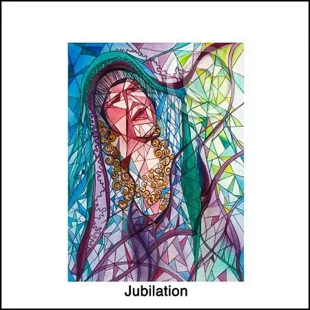 Abstract colorful mosaic portrait with the word “Jubilation” below