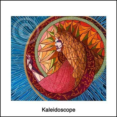 Colorful stained-glass-style peacock in a circular kaleidoscope pattern on a blue background