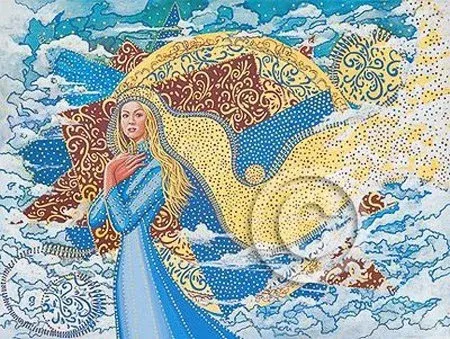 Woman with long blond hair in a blue dress amid swirling clouds and stars, holding her chest and gazing upward