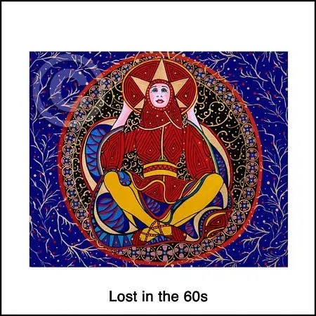 Illustration of a seated figure in red and gold against a deep blue patterned background, titled “Lost in the 60s.”