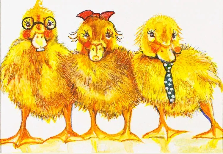 Three fluffy yellow chicks, one with glasses and two wearing ties and bows