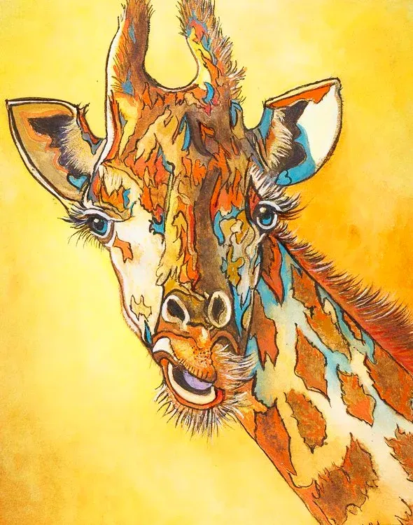 Colorful painted giraffe portrait on a bright yellow background