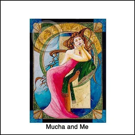 Art Nouveau-style poster of a reclining woman in a pink dress, titled “Mucha and Me”