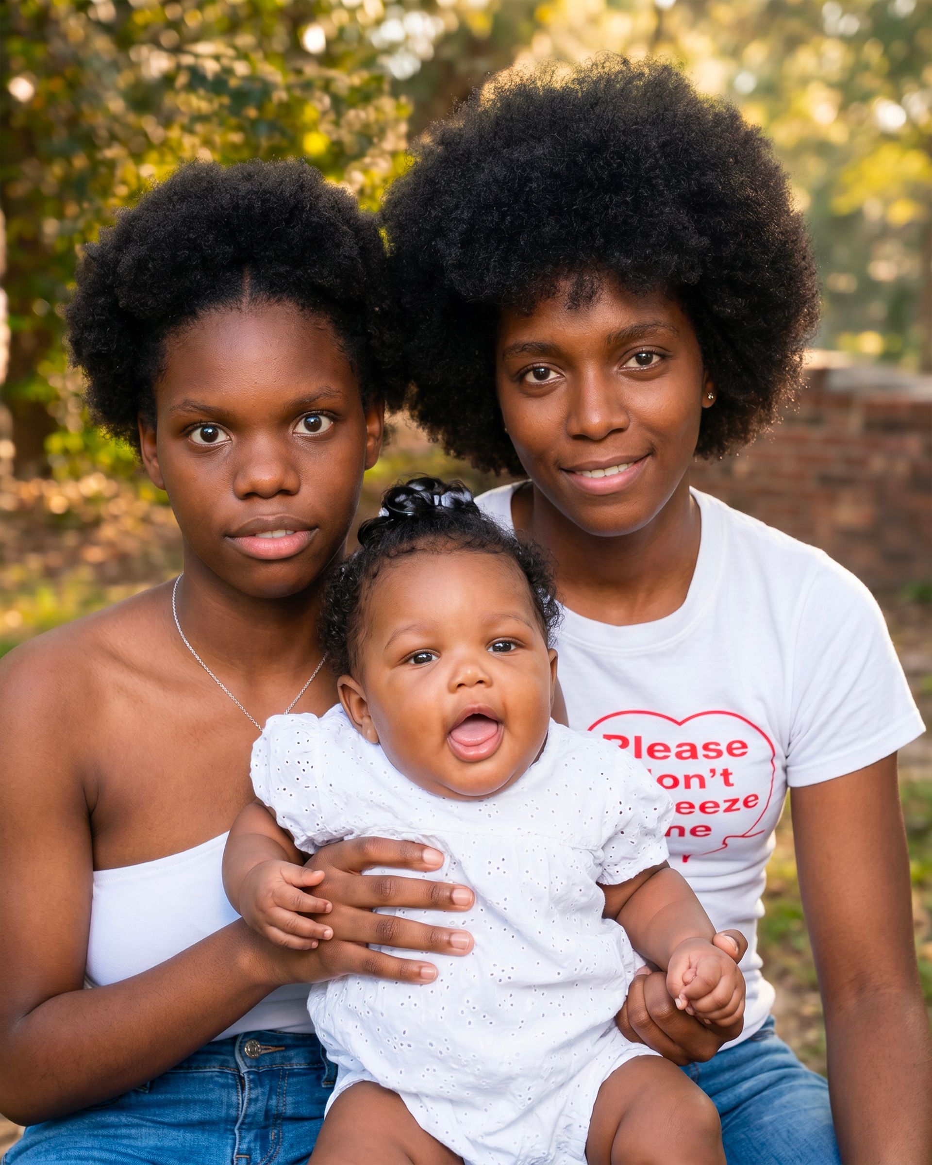Three people seated outdoors, with a baby in white centered between two adults in white shirts.