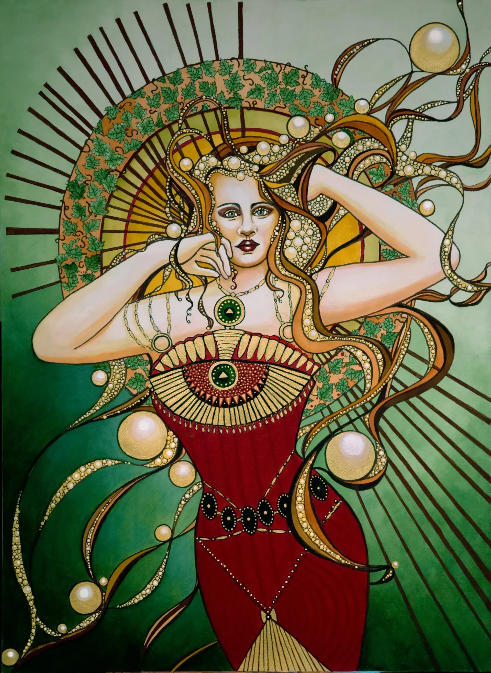 Stylized woman with a red dress, gold accents, and ornate jewelry, framed by a sunburst and green background
