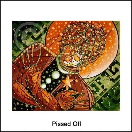 Abstract comic-style portrait with clenched fists and fiery orange-red tones, labeled “Pissed Off”