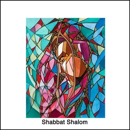 Colorful abstract stained-glass-style design with the words “Shabbat Shalom” at the bottom