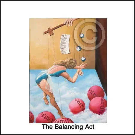 Woman balancing on a tightrope with balls labeled “stress” below and a sword above, titled “The Balancing Act”