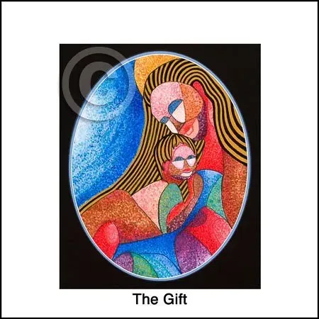Abstract mother and child in vibrant colors, titled “The Gift”