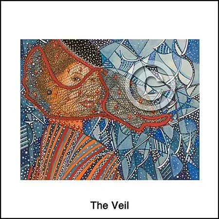 Abstract face in red and blue mosaic patterns with swirling lines, titled “The Veil”