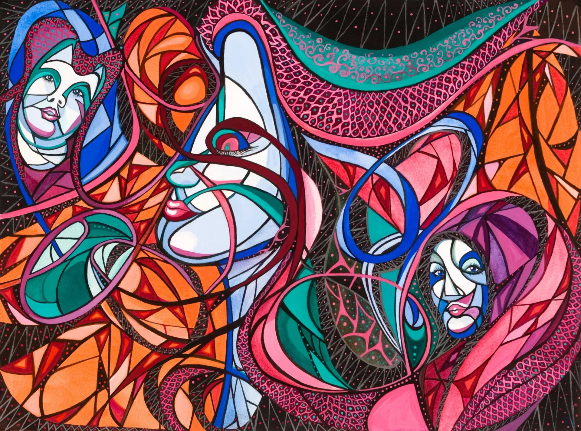 Abstract colorful faces intertwined with flowing lines in pink, blue, orange, and black.