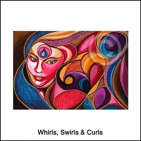 Abstract colorful painting of a face amid swirling pink, orange, purple, and blue shapes