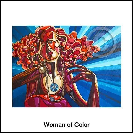 Abstract colorful portrait with swirling red hair and blue radiating background, captioned