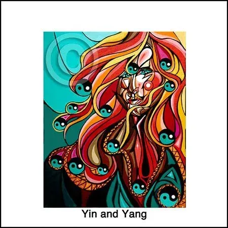 Colorful abstract Yin and Yang artwork with flowing red, orange, teal, and black patterns