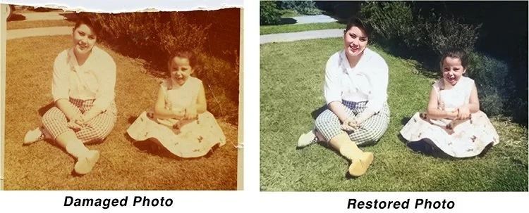 Side-by-side damaged and restored vintage photo of two people seated on grass outdoors