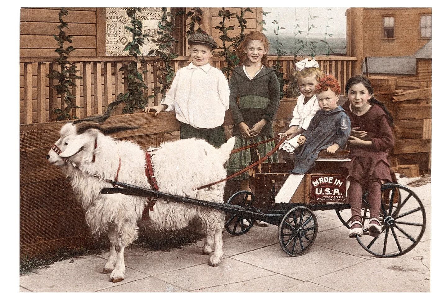 Children ride in a goat-drawn cart on a sidewalk beside a brick building.