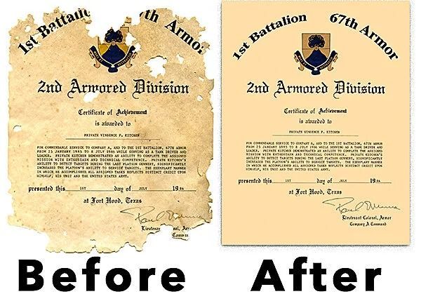 Before-and-after of a faded military certificate restored to a cleaner, legible version.