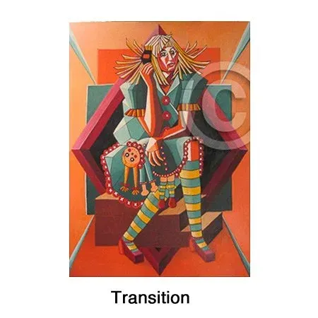 Colorful abstract figure in patterned clothing against orange geometric background, titled “Transition”