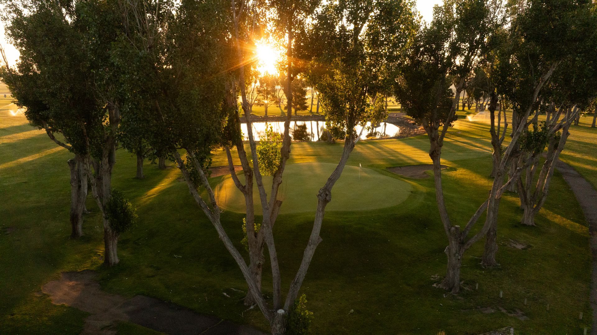 A golden sunset illuminates a golf green surrounded by trees and a pond in the distance.