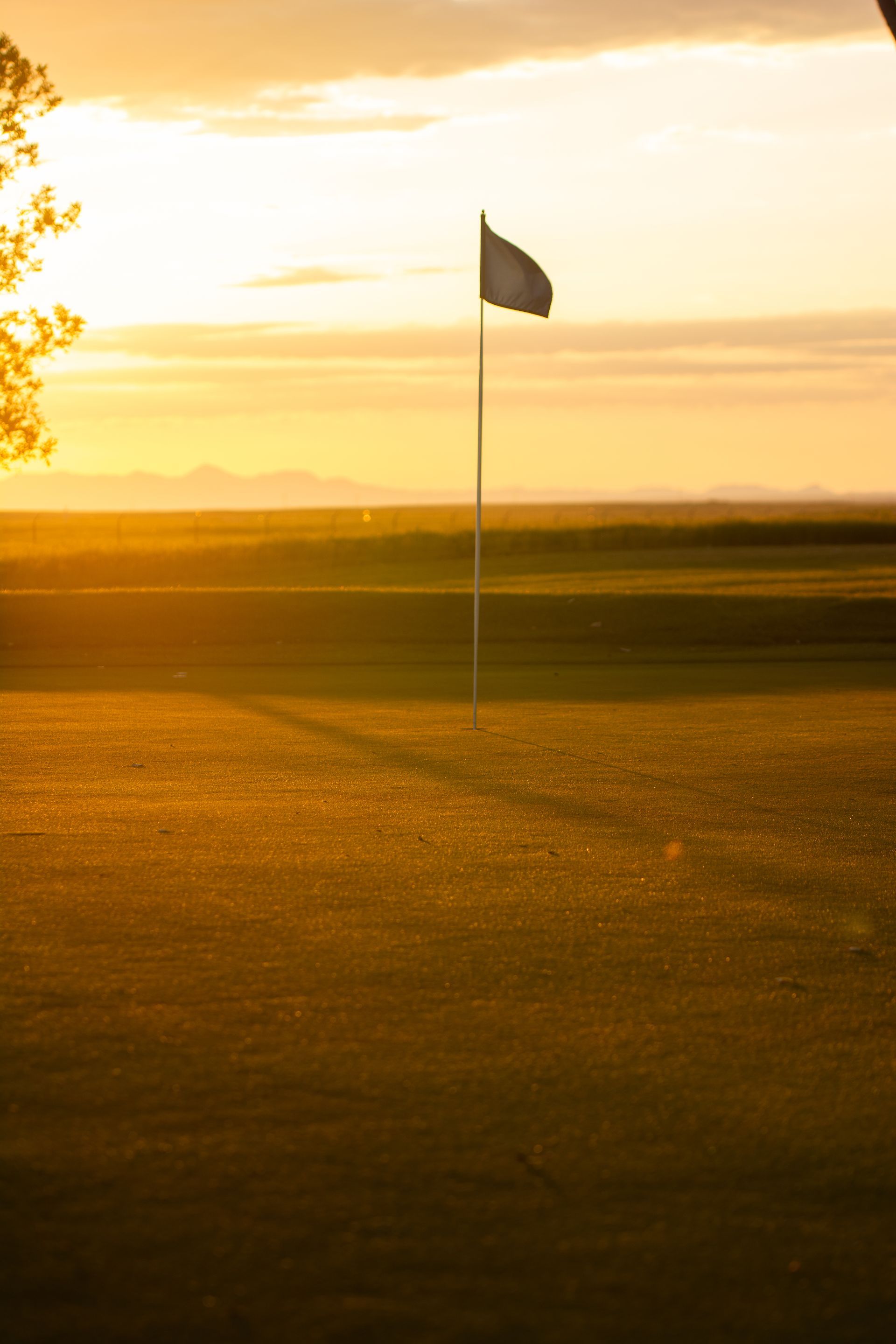 A golf course green at sunset with a flagstick standing in the center, bathed in golden light.