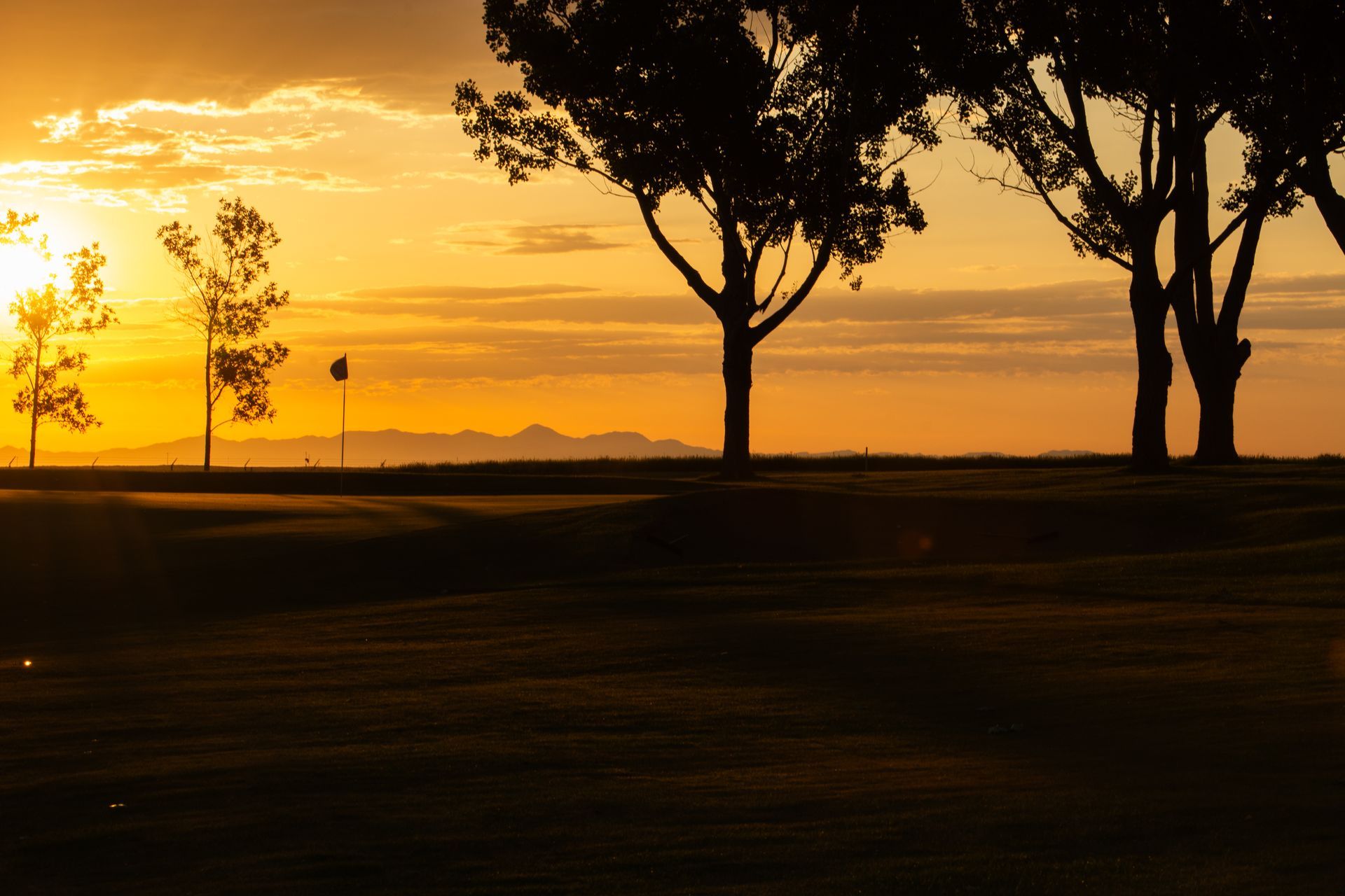 A golden sunset glows behind silhouettes of trees and a golf flag on a peaceful course.