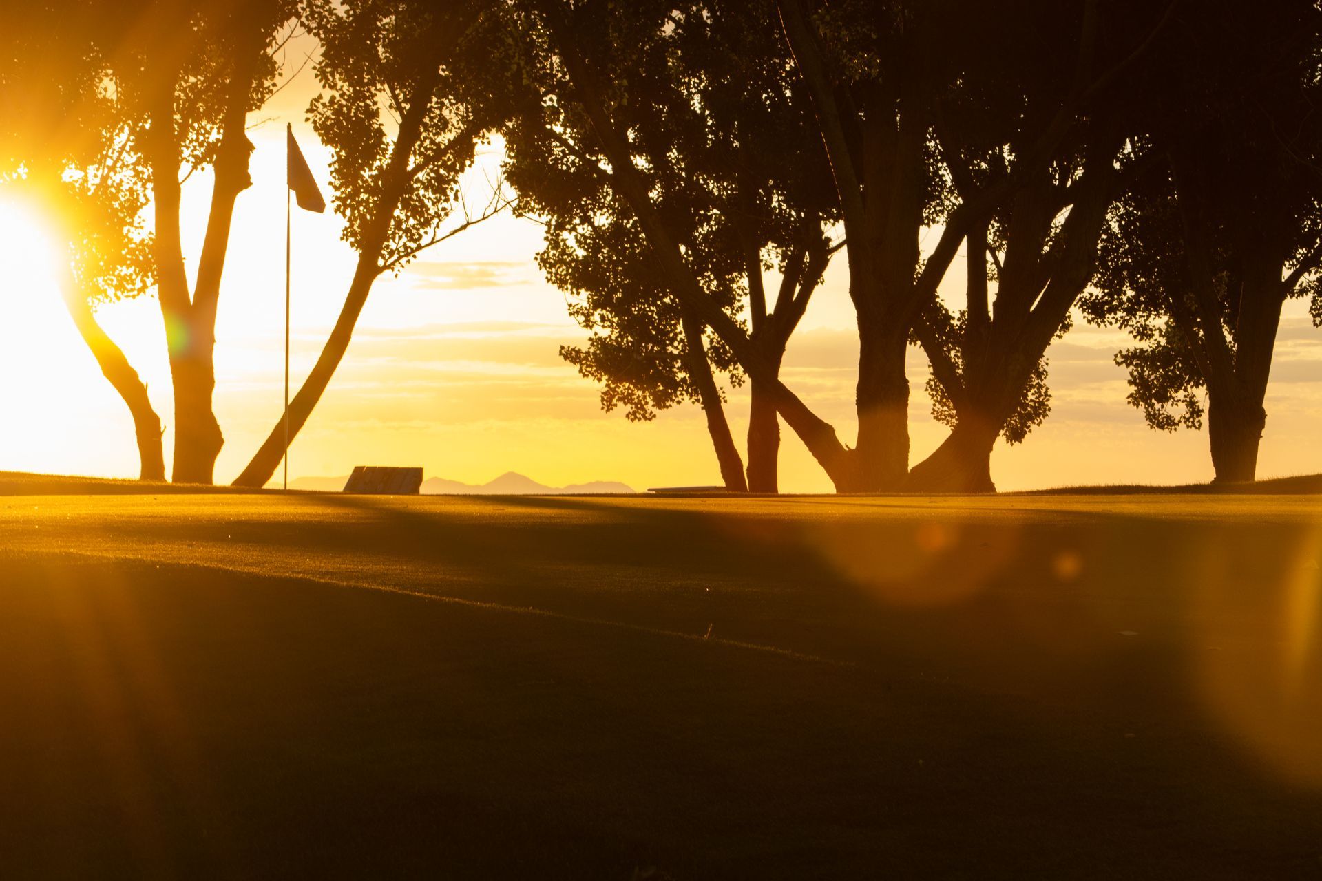 A golden sunset glows behind a golf green with silhouettes of trees and a flag pin in the distance.