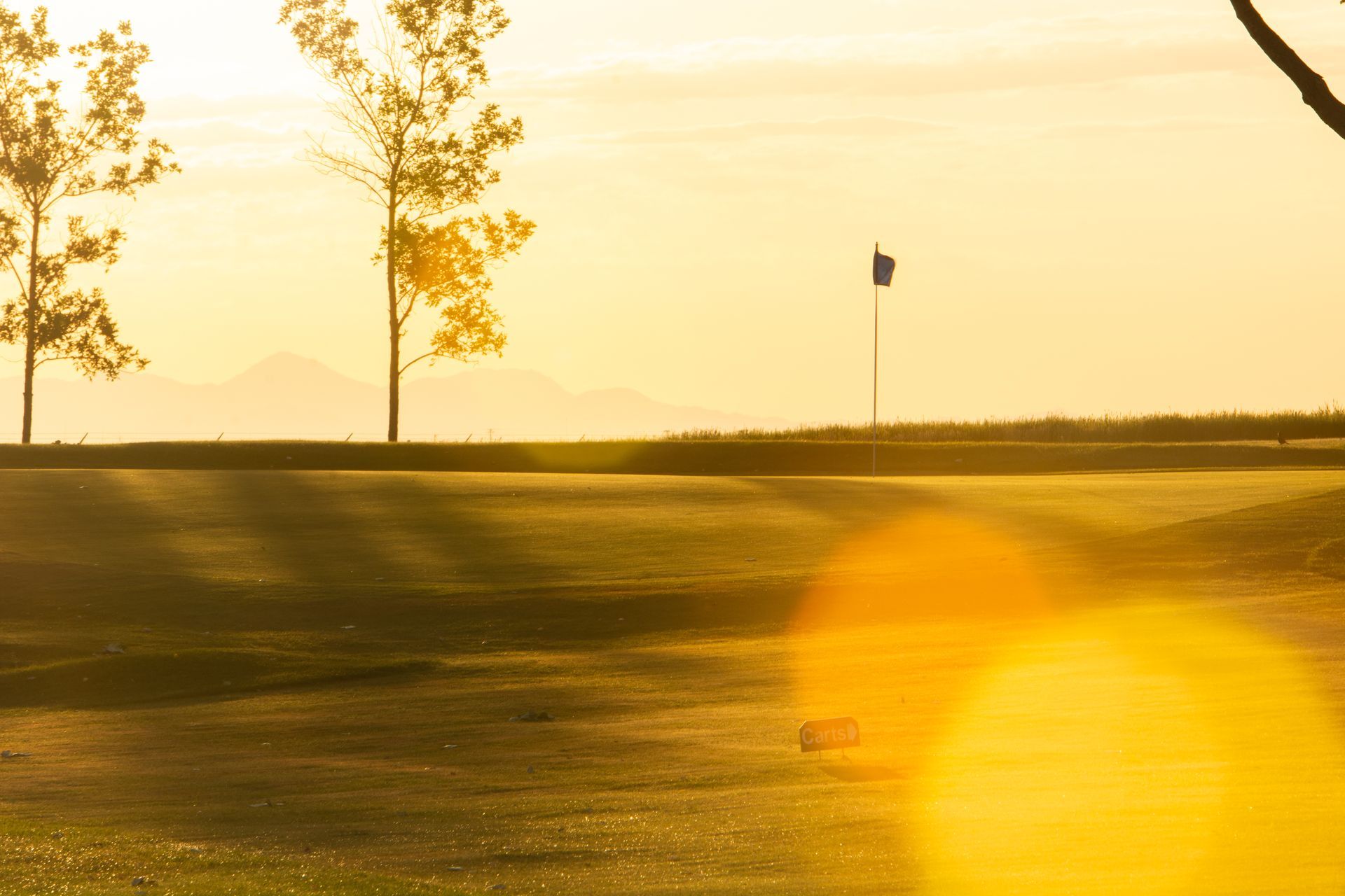 A golf course at sunrise with silhouettes of two trees and a flagstick under a bright, golden sky.