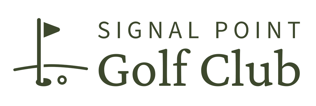 Logo for Signal Point Golf Club featuring a dark green golf flag icon on a curved line with the text to the right.