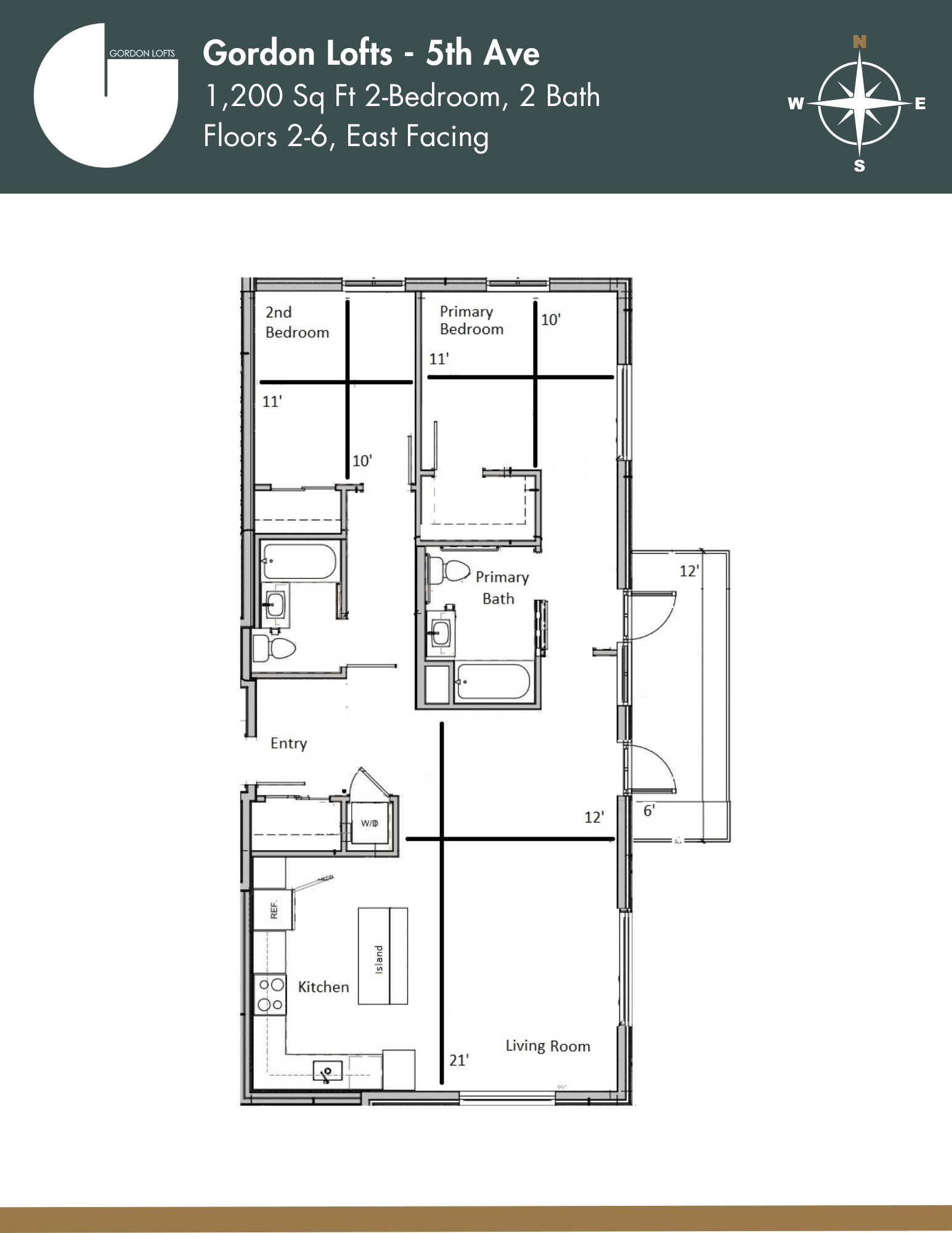 Floor plan for a 1,200 sq ft east-facing 2-bedroom, 2-bath unit at Gordon Lofts, available on floors 2–6. Features include a spacious living room and open kitchen with an island, a primary suite with attached bath, a second bedroom near the entry, and a private balcony accessible from the living space.
