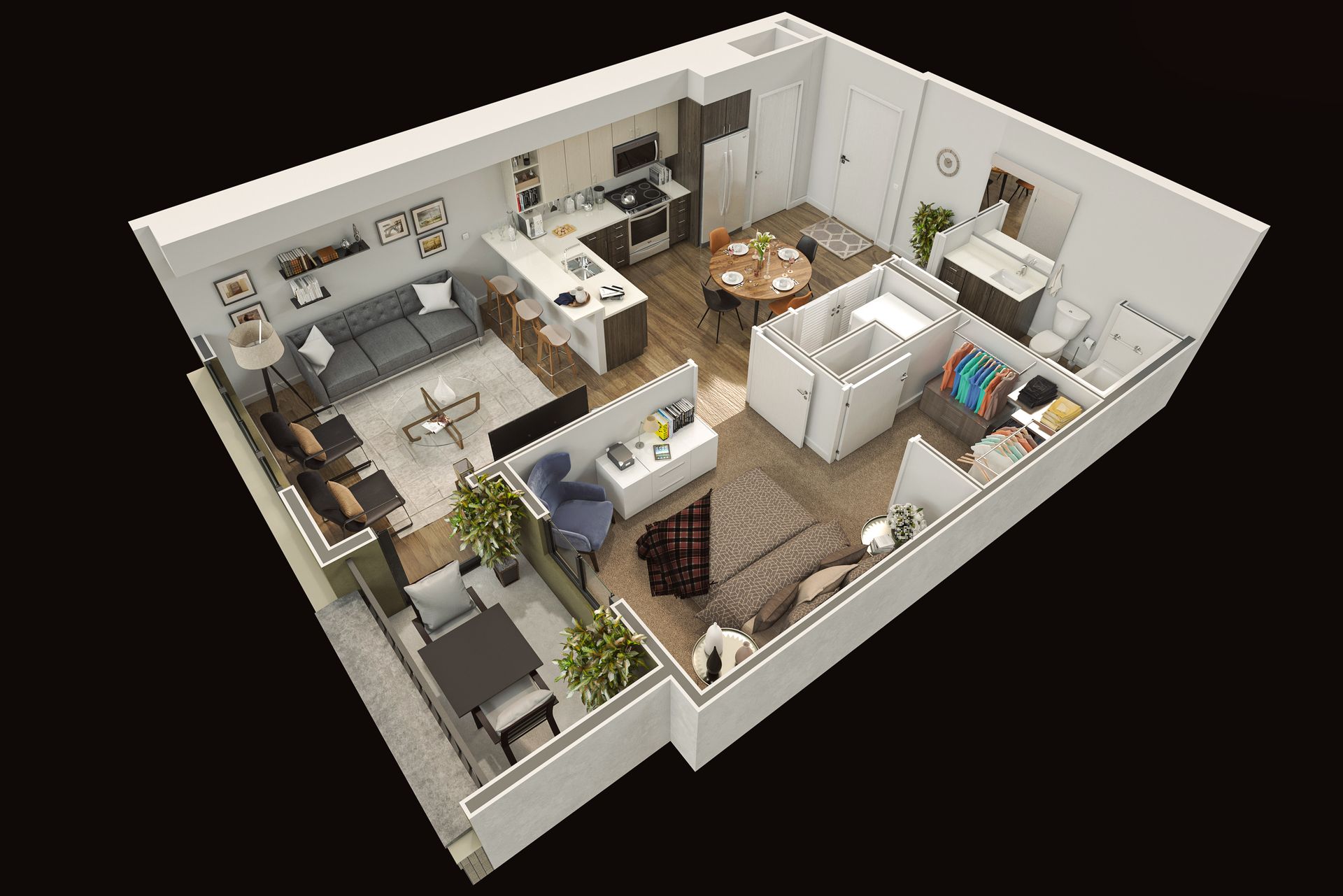 3D-rendered floor plan of a one-bedroom, one-bath apartment at Gordon Lofts, featuring a fully furnished layout with an open-concept kitchen, dining, and living area. The bedroom has a large closet, and the bathroom is accessible from both the bedroom and main living space. A private balcony and dedicated workspace complete the modern, comfortable design