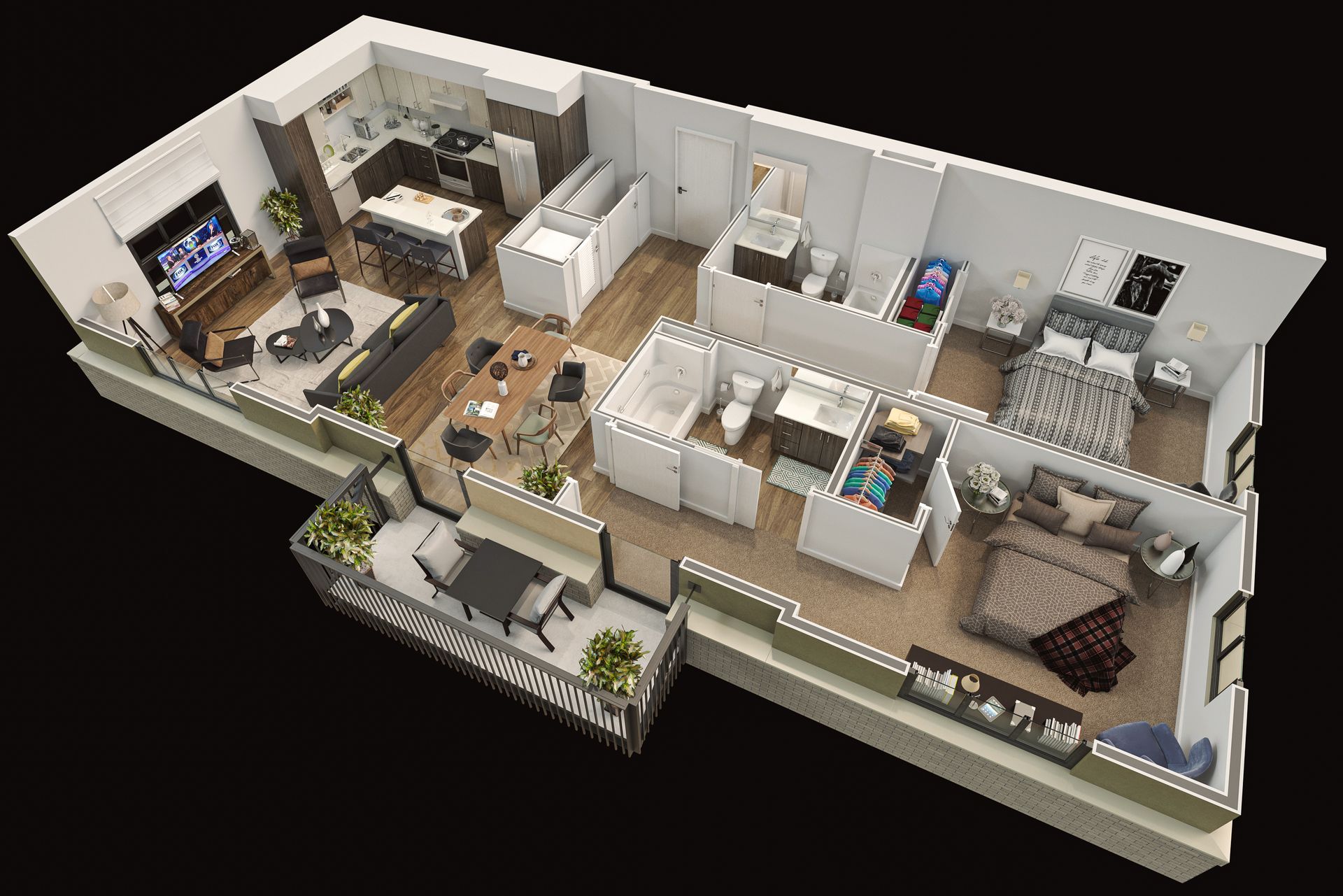 3D-rendered floor plan of a two-bedroom, two-bath apartment at Gordon Lofts, showcasing two private bedrooms with closets and two bathrooms. The shared living space includes a full kitchen with island seating, a dining area, and a cozy living room with access to a spacious balcony. Ideal for roommates, small families, or those wanting a home office setup.