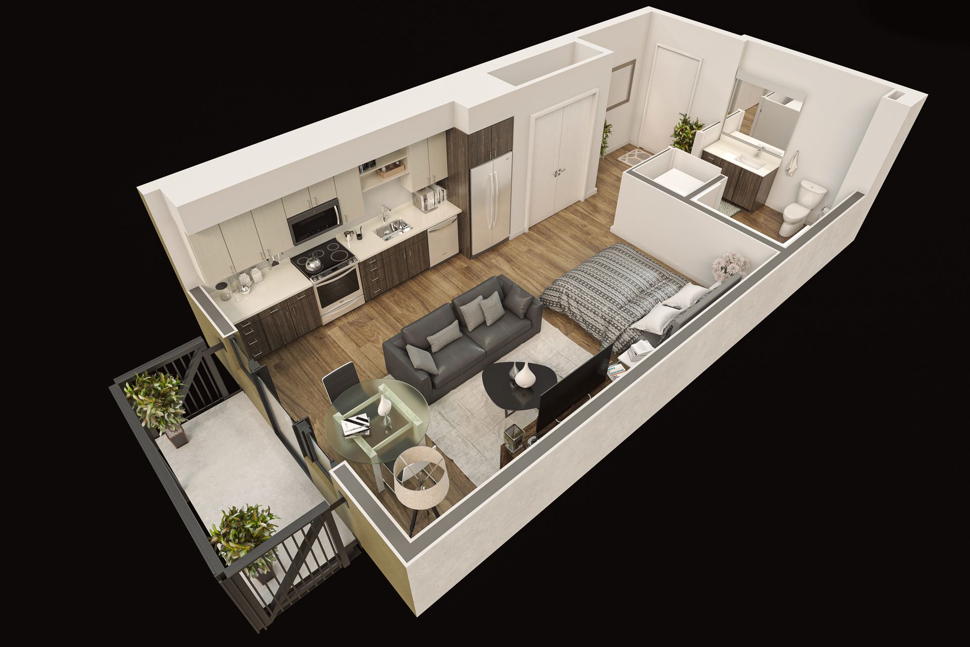 3D-rendered floor plan of a stylish studio apartment at Gordon Lofts. The open layout includes a sleeping area with a bed and nightstand, a living space with a sofa and TV, and a compact kitchen with modern finishes. The unit features a private balcony, a full bathroom, and a closet, all designed for efficient, comfortable living.