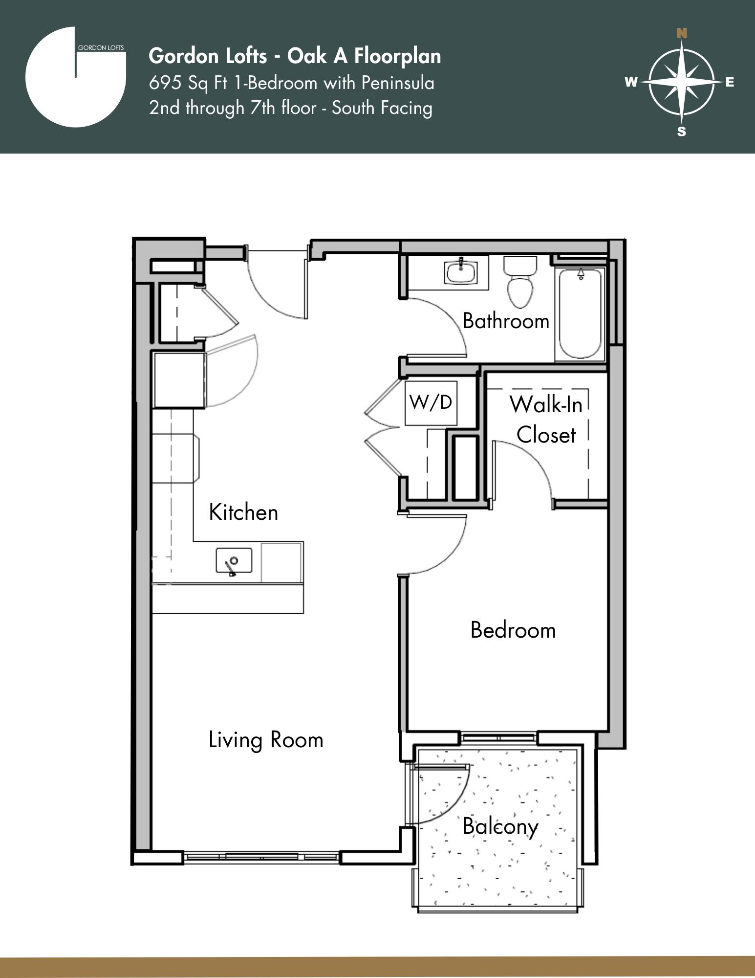 Floor plan for the Oak A unit at Gordon Lofts — a 695 sq ft 1-bedroom, south-facing apartment with peninsula kitchen layout. The design includes a walk-in closet, full bathroom, in-unit washer/dryer, and private balcony, offering stylish function and space.